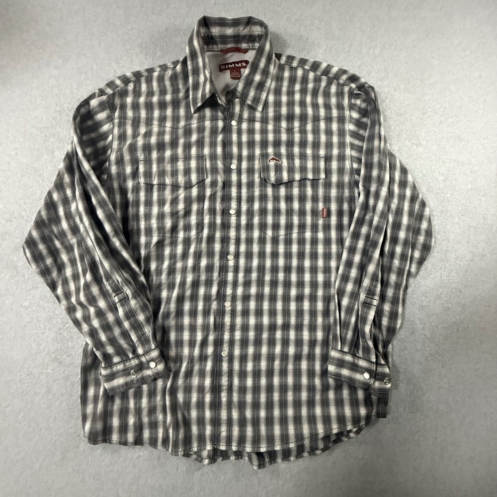 Simms Mens Long Sleeve Fishing Shirt Grey Plaid Vented Pearl Snap Front Size L